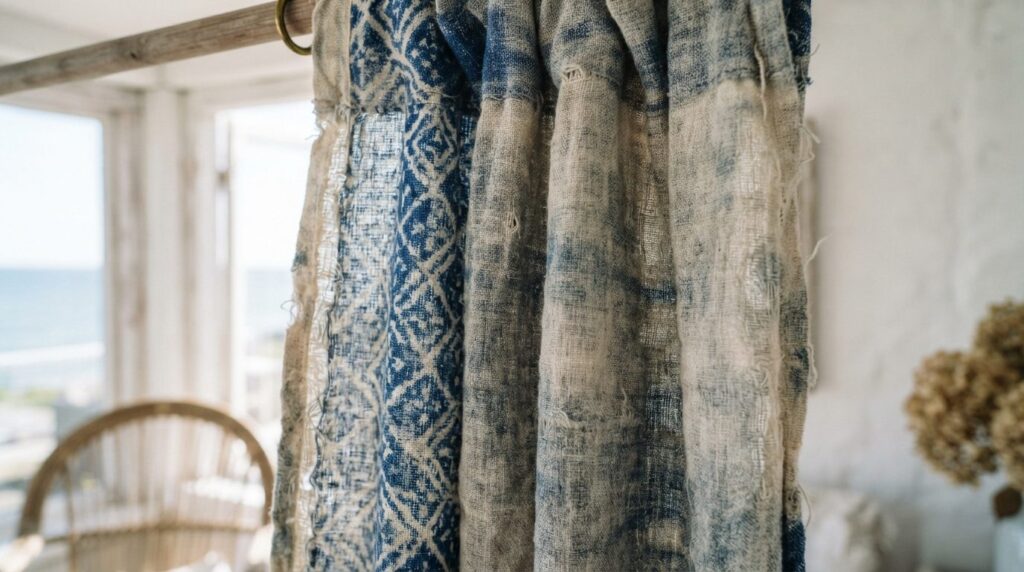 Close-up detail shot of premium summer house curtain fabric