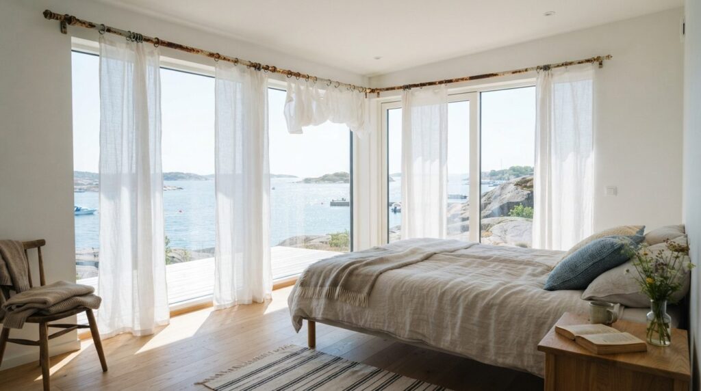 Modern Scandinavian summer cottage bedroom with floor-to-cei