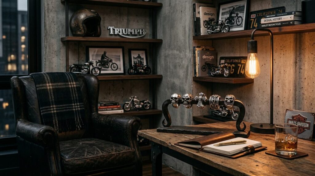 Luxury lifestyle photograph of a masculine home office corne