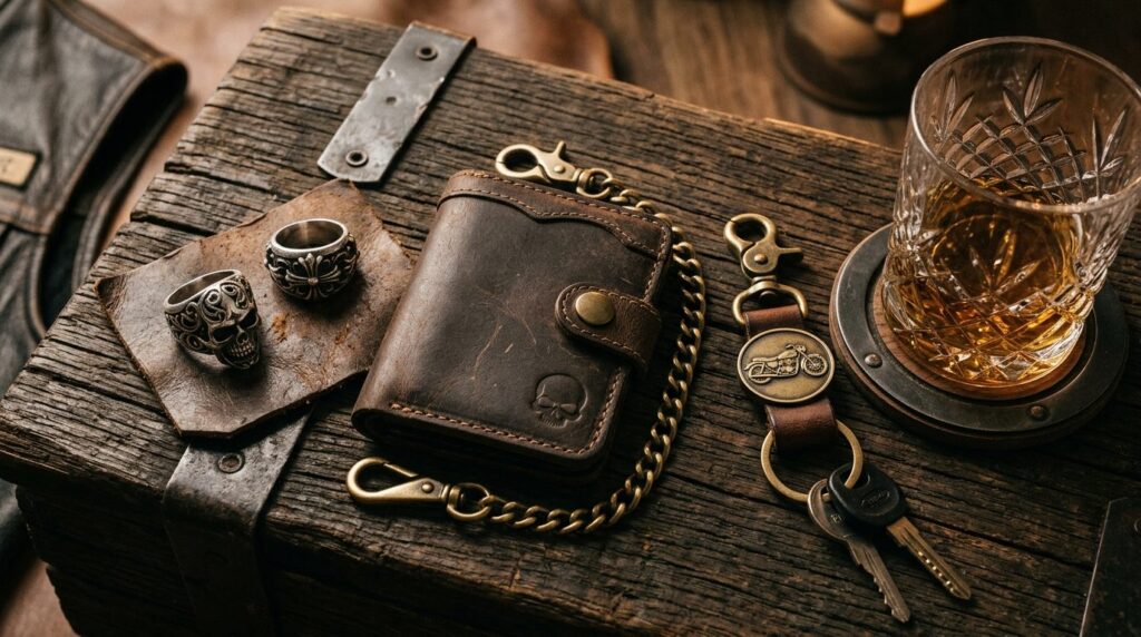 Intimate flat lay composition of biker gift ideas: heavy got