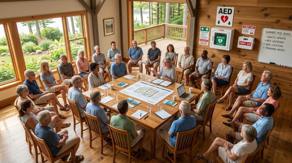 Overhead view of a community meeting with summer house resid