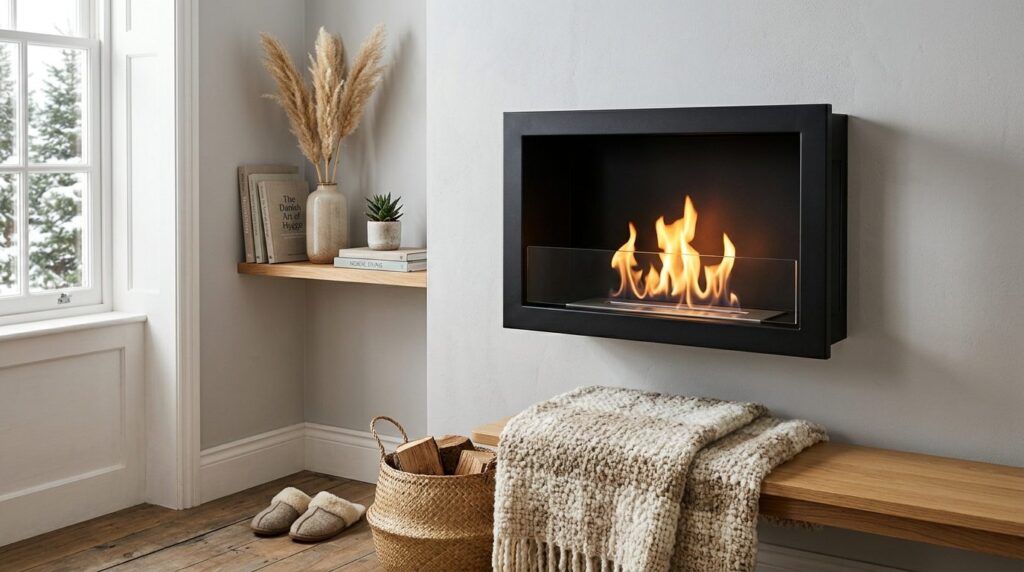 Close-up of a contemporary bioethanol fireplace with dancing