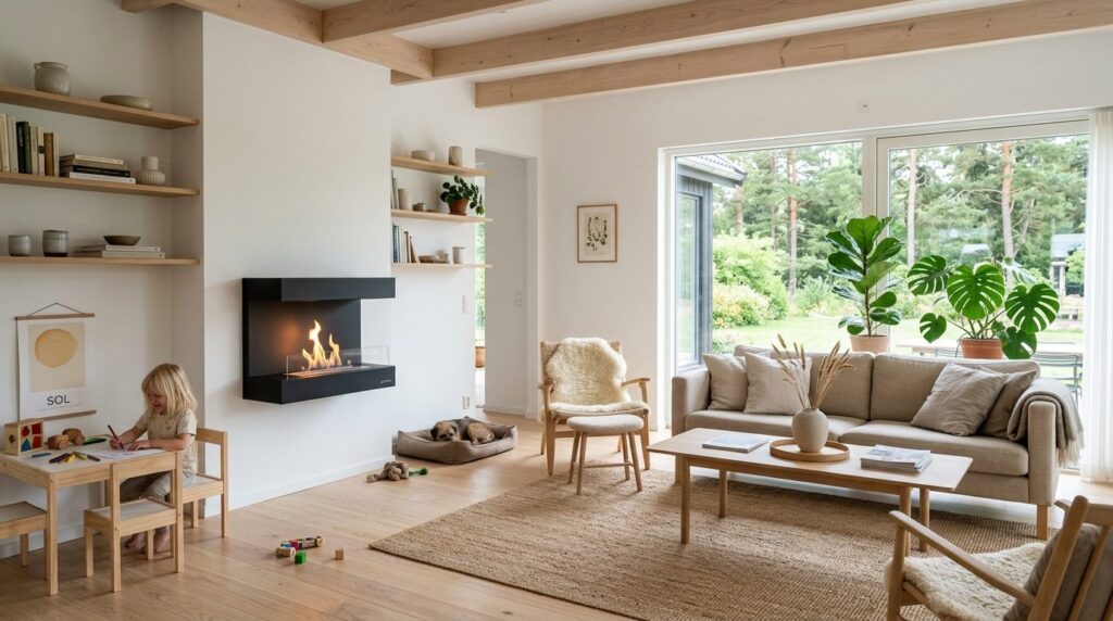 Minimalist summer house living area featuring a wall-mounted