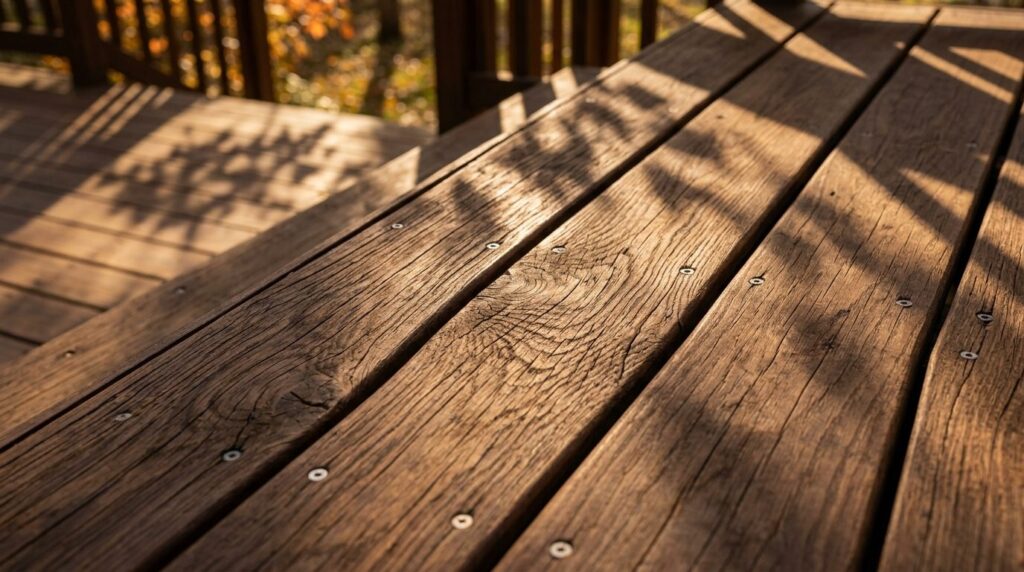 Close-up detail shot of premium hardwood decking boards with
