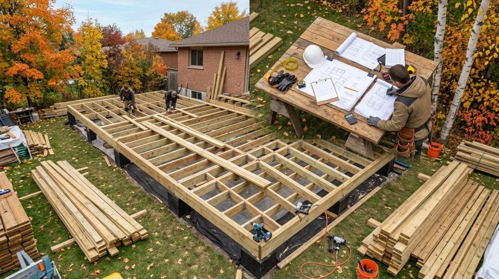 Overhead view of a wooden terrace construction project in pr