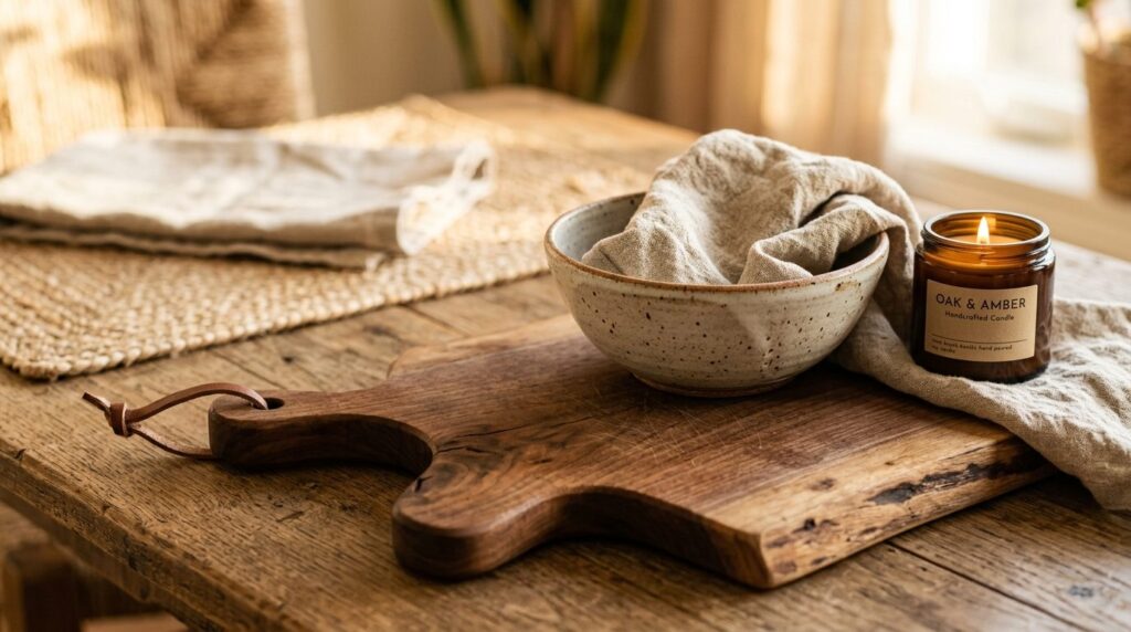 Close-up product photography of artisan-made home goods arra