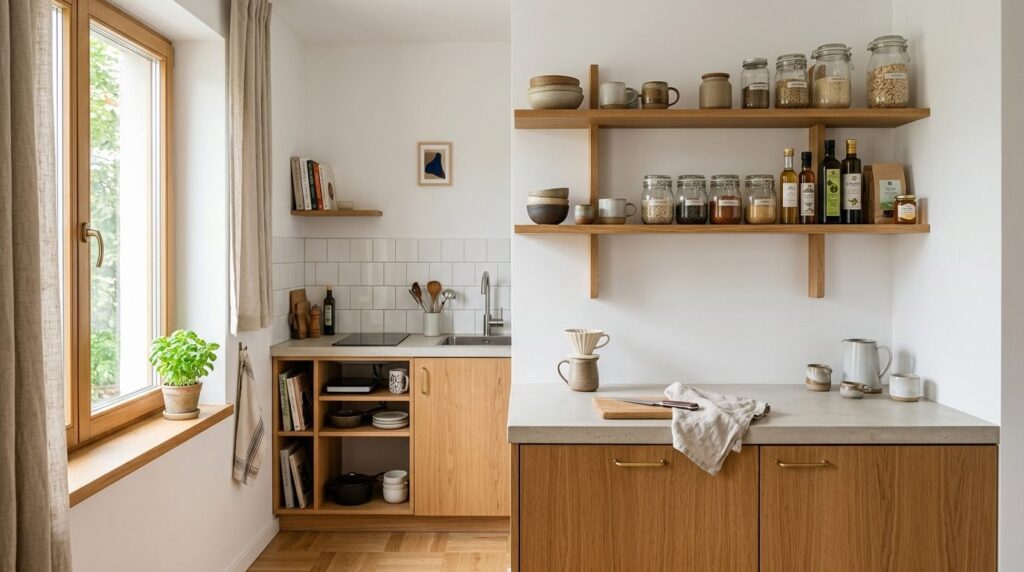 Bright Scandinavian-style compact kitchen interior, 16:9 asp