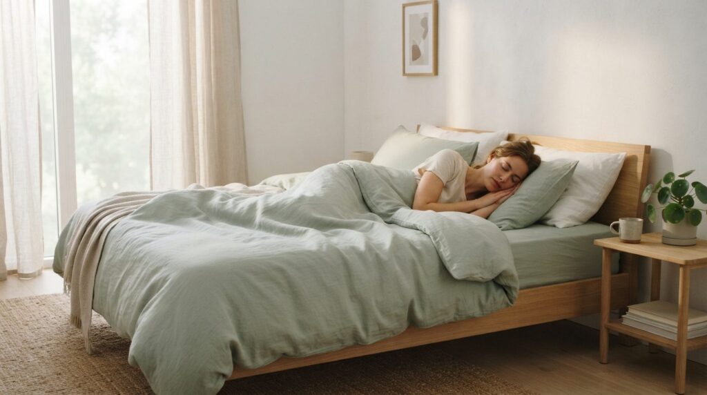 Serene lifestyle photograph of a woman peacefully sleeping i