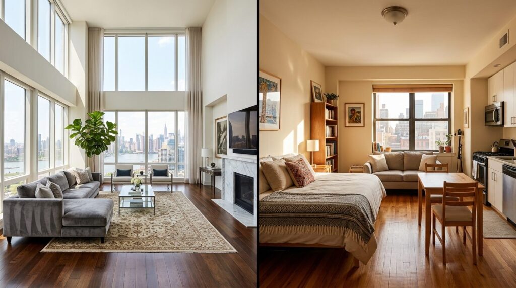 Comparison of two different residential spaces side by side: