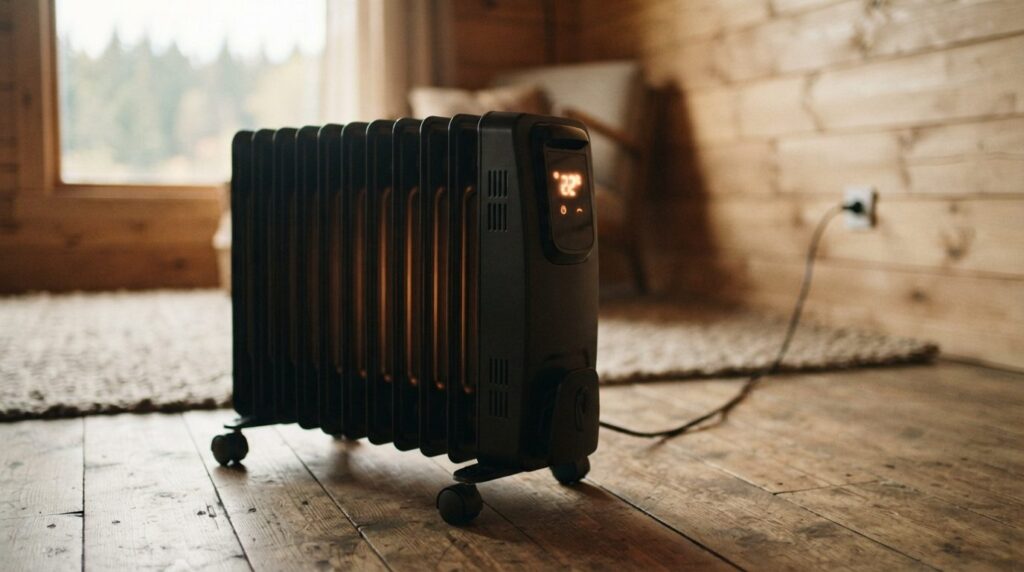 Close-up of a portable electric radiator with digital displa