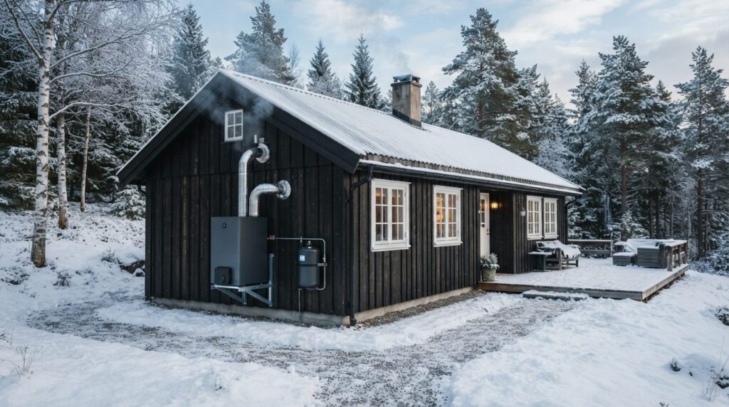 Exterior view of a charming Scandinavian summer house with a