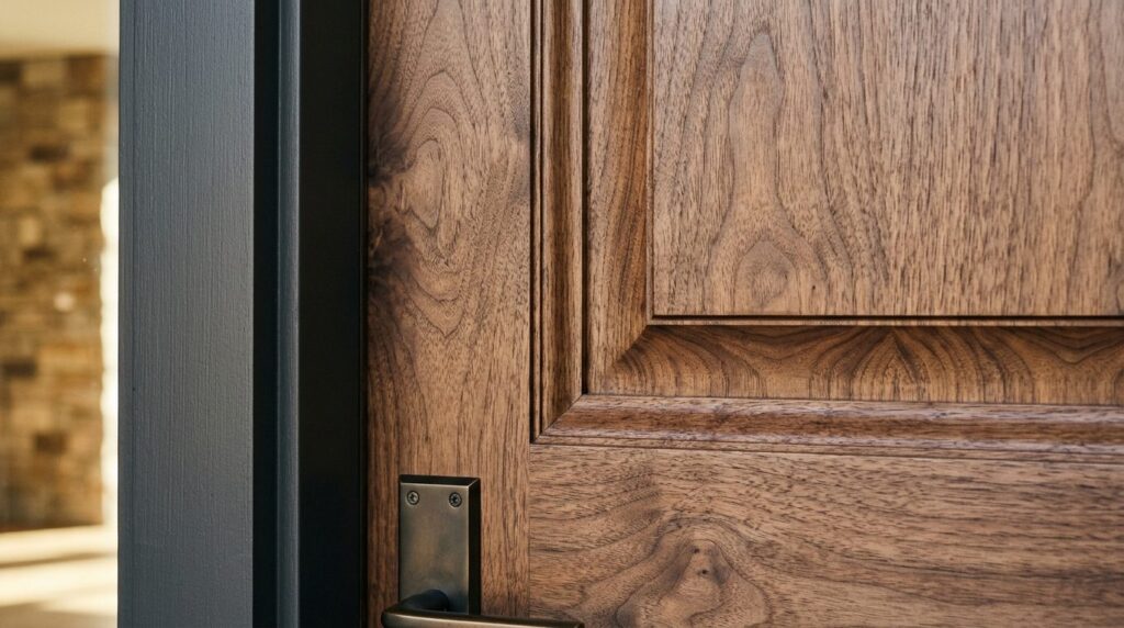 Close-up detail shot of a premium solid timber entrance door