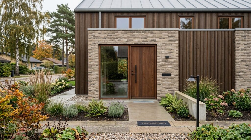 Full exterior view of a Scandinavian residential home entran