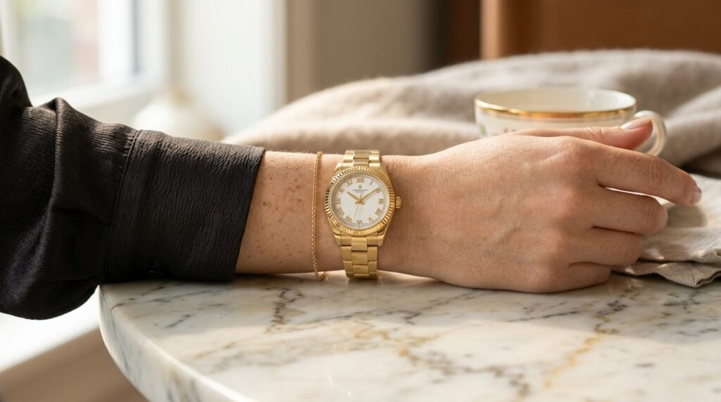 Close-up lifestyle shot of a womans wrist wearing an elegan