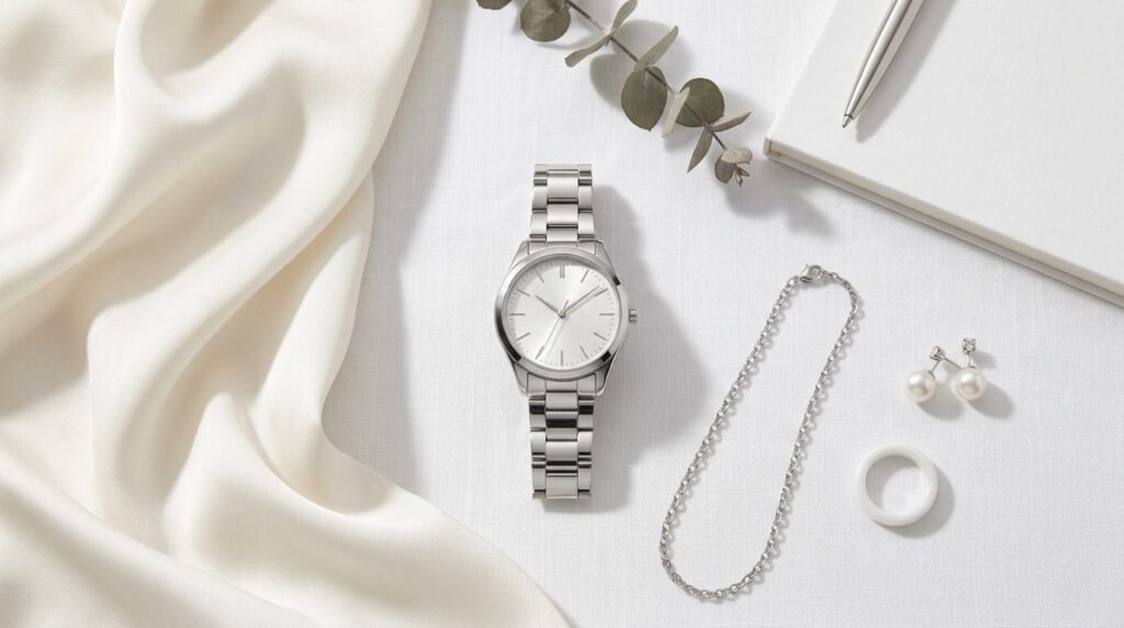 Flat lay product photography of a silver womens watch place