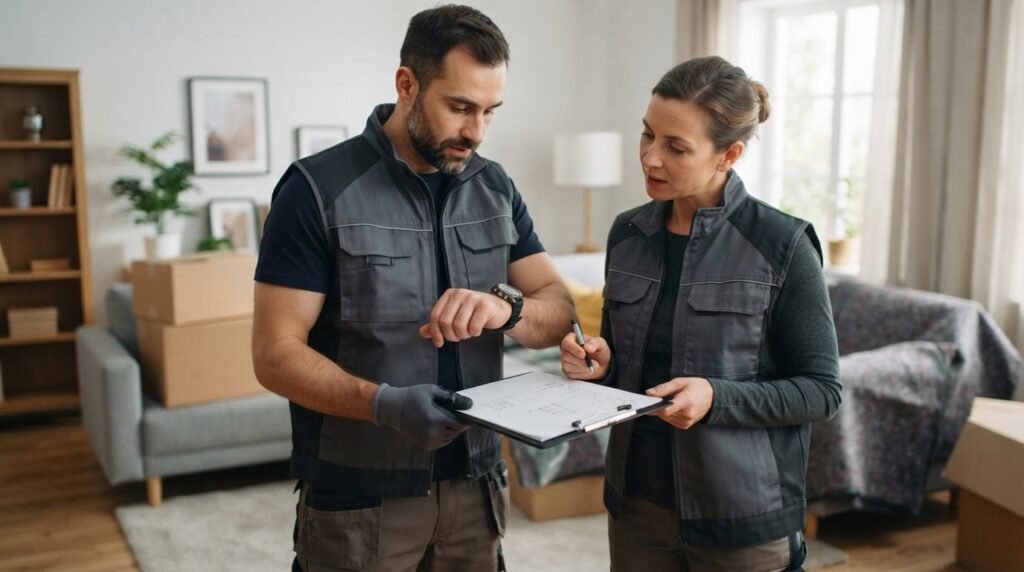 Close-up of two professional moving workers in work vests ch