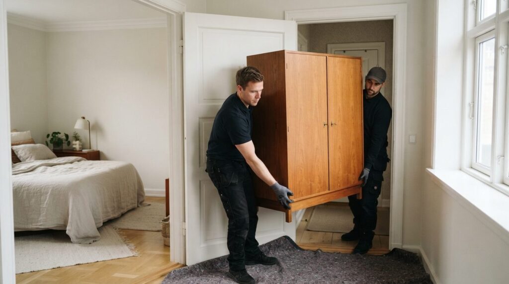 Professional movers carrying a large wooden wardrobe through