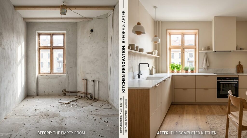 Tidslinjevisning med delt skærm, der sammenligner køkkenrenovering før og efter.