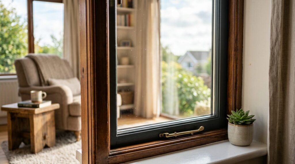 Close-up of sparkling clean interior window pane with natura