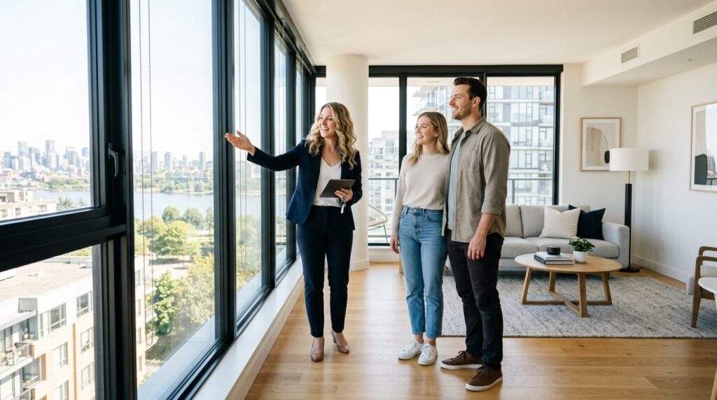 Real estate professional showing pristine clean windows to y