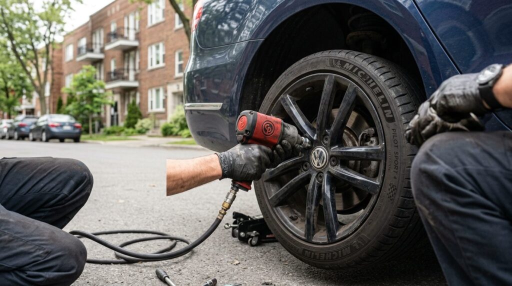 Close-up of mechanics hands professionally removing wheel f