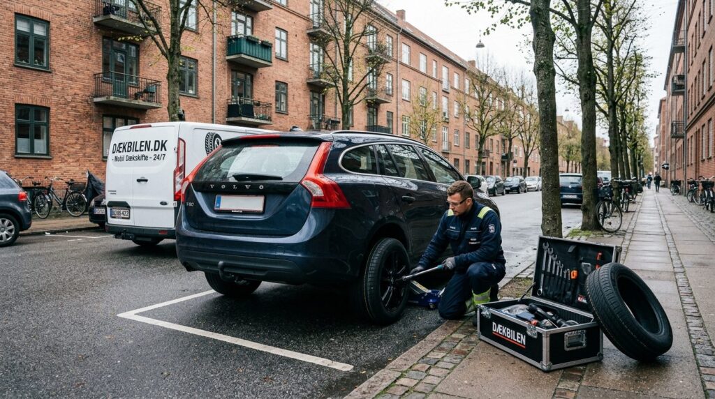 Mobile tire change service at street parking spot outside ap