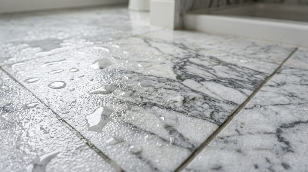 Close-up detail of textured marble tile flooring in bathroom