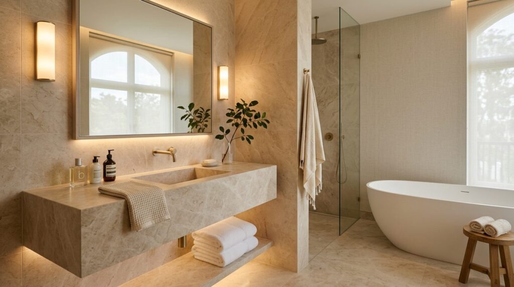 Spa-like bathroom interior with honed marble wall tiles in s