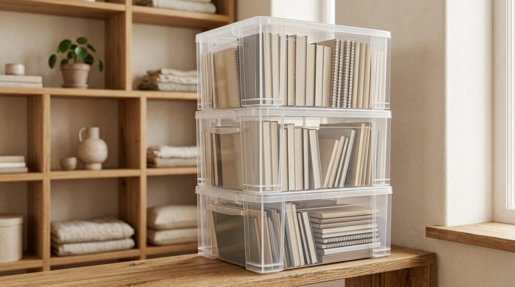 Close-up product photography of clear stackable storage boxe