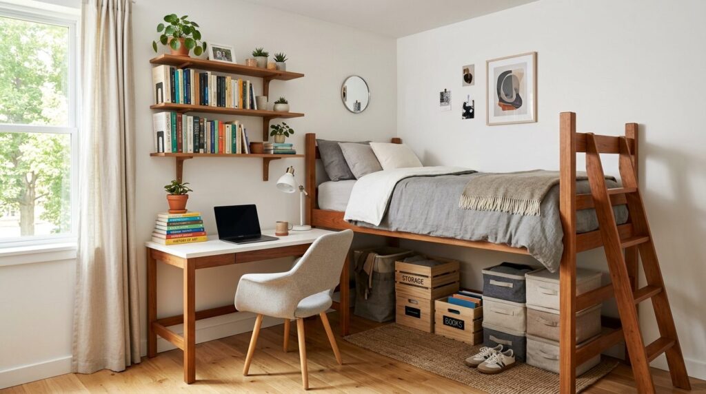 Wide angle interior photography of a compact student dorm ro