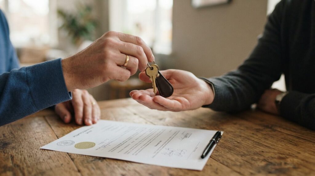 Close-up photograph of hands exchanging house keys over a wo