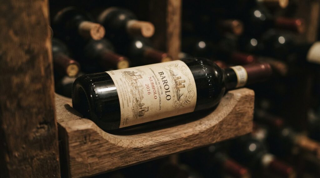 Close-up detail shot of a Barolo Nebbiolo wine bottle label 