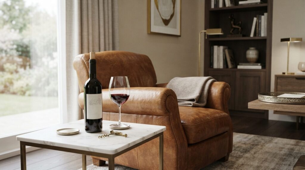 Elegant home interior scene showing a Barolo wine bottle as 