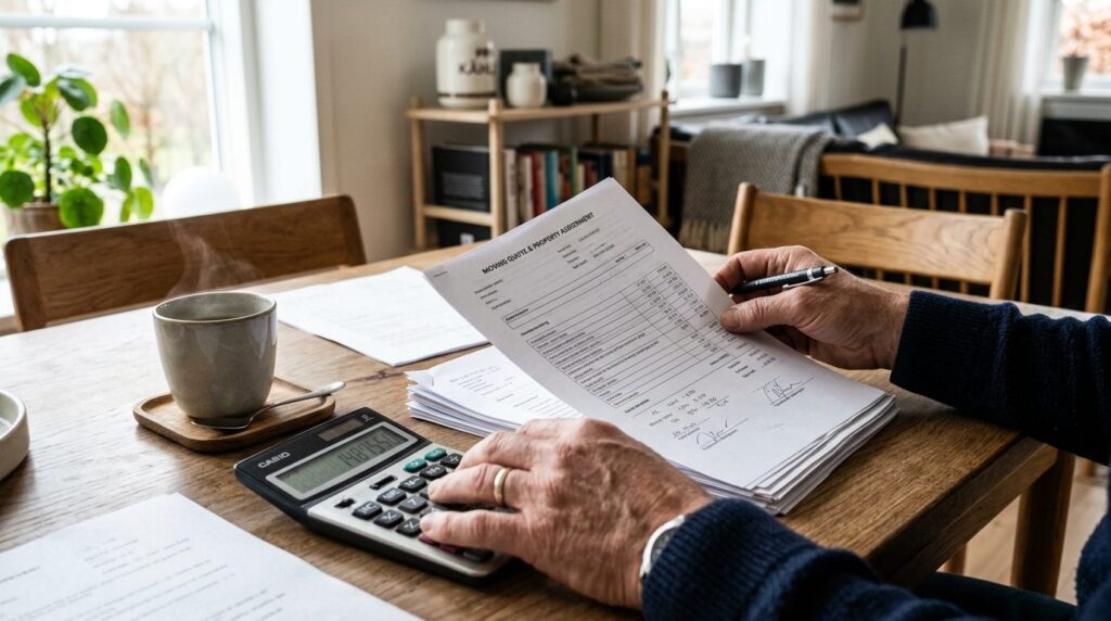 Close-up of hands holding moving quote documents and calcula