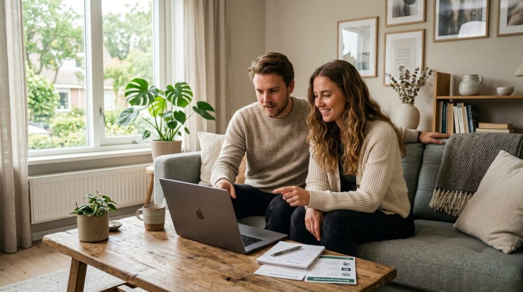 Young couple reviewing moving company options on laptop in m