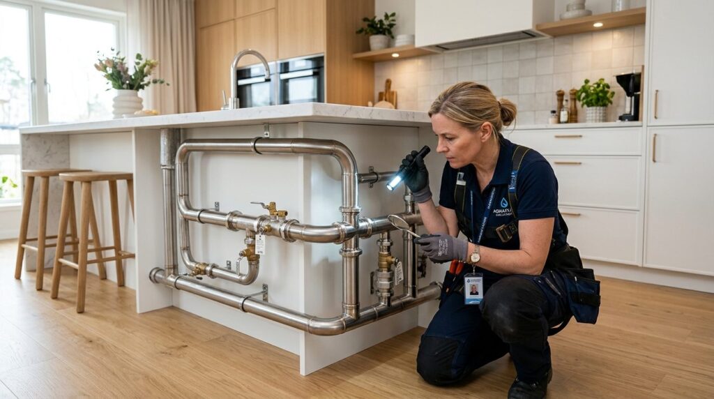 Expert technician inspecting stainless steel piping system i