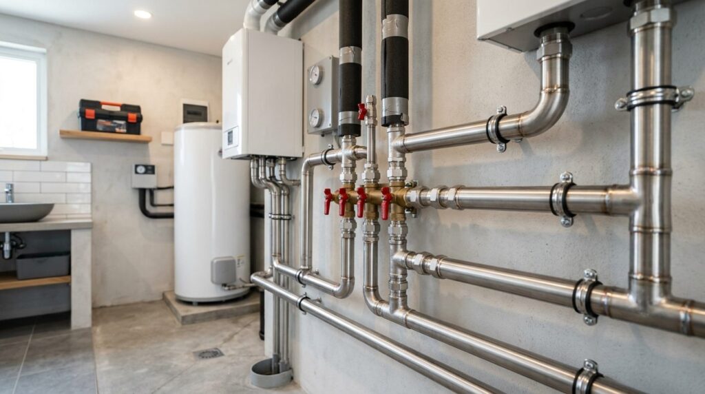 Premium stainless steel pipe installation detail showing qua