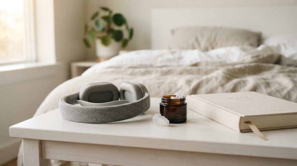 Close-up of high-quality noise-canceling earplugs and sleep 