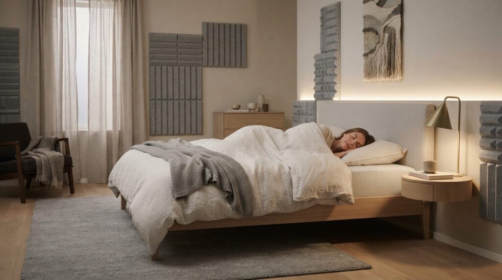 Modern bedroom interior with acoustic foam panels on walls, 