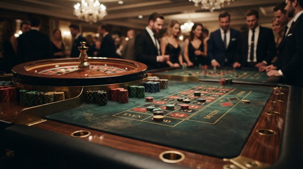 Close-up shot of a luxury roulette table with professional w