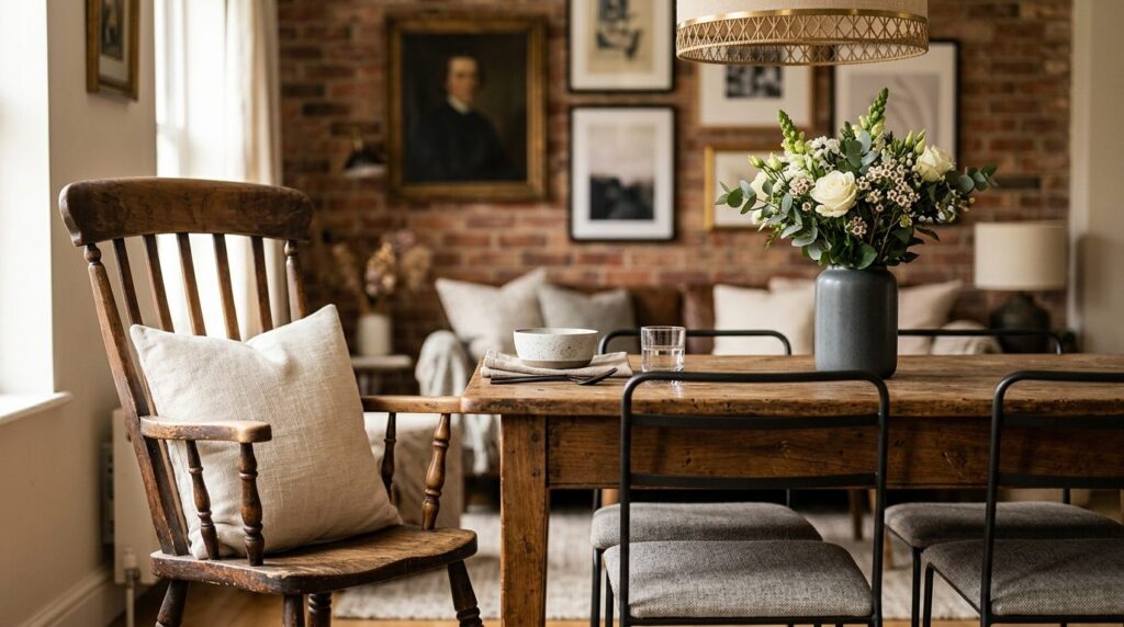 Close-up interior styling shot of a dining area combining ne
