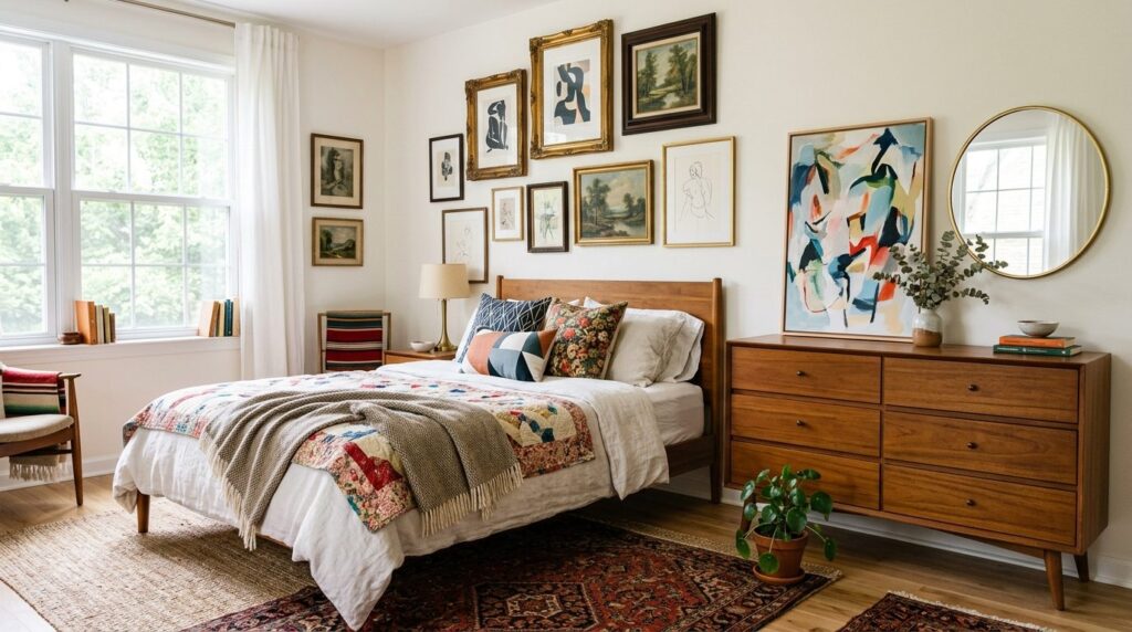 Bright bedroom interior photograph showcasing eclectic home 