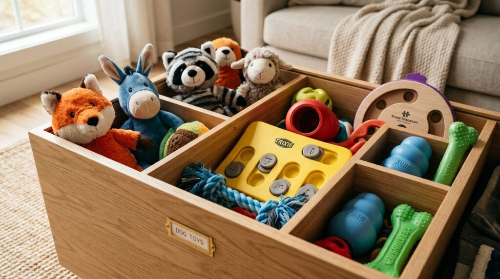 Close-up detail shot of dog toys organized in a contemporary