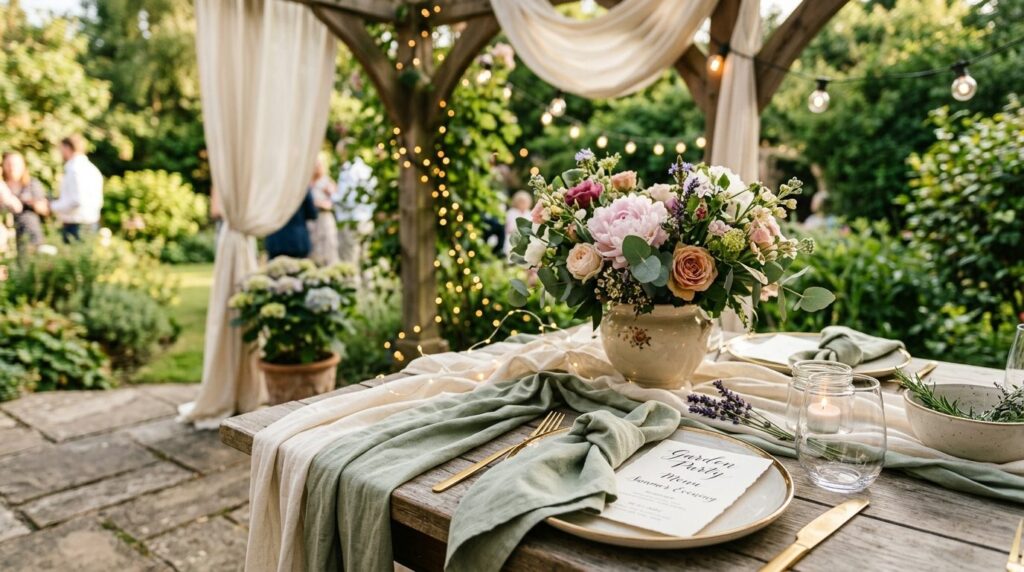Close-up detail of garden party decoration setup showing dra