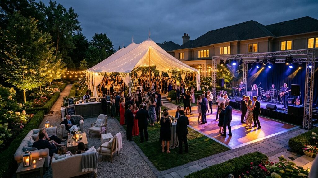 Wide angle view of backyard transformation with white marque