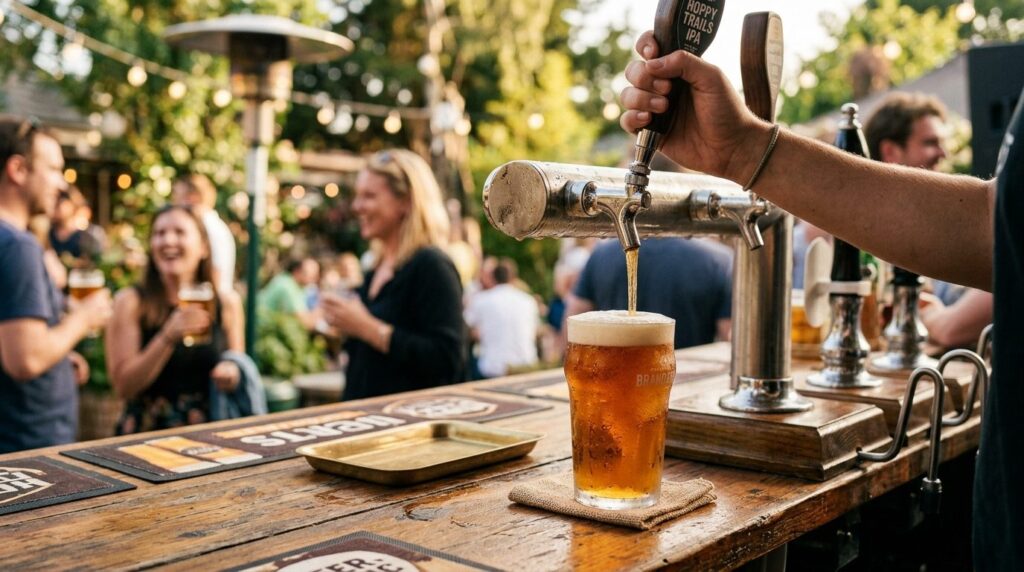 Close-up lifestyle photograph of a craft beer being poured f