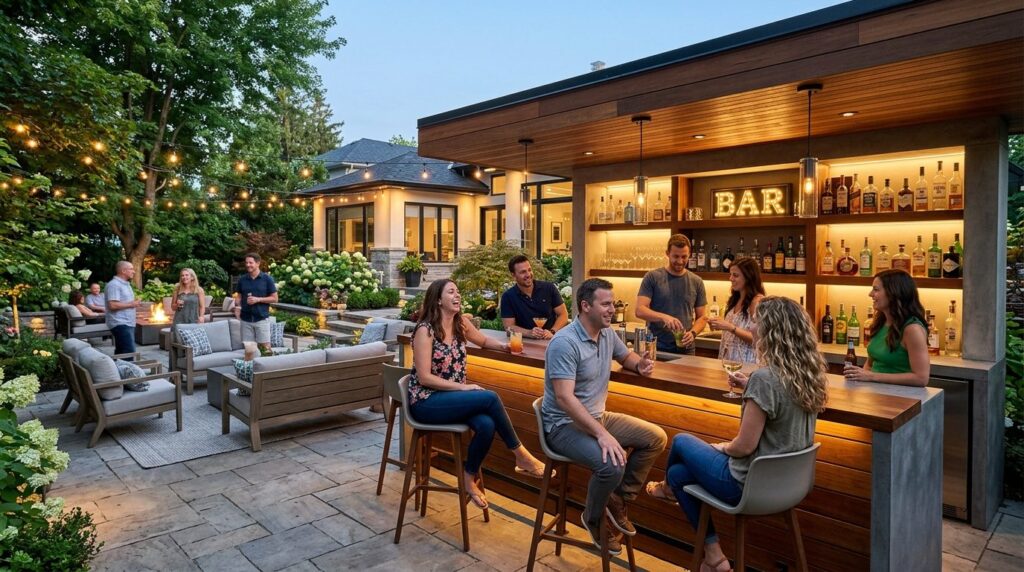 Wide-angle photograph of friends gathered around a stylish o