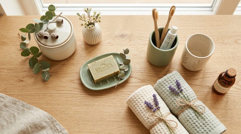Close-up flat lay photography of curated bathroom accessorie