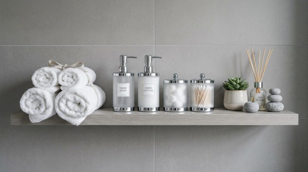Overhead shot of a coordinated bathroom shelf styling with m