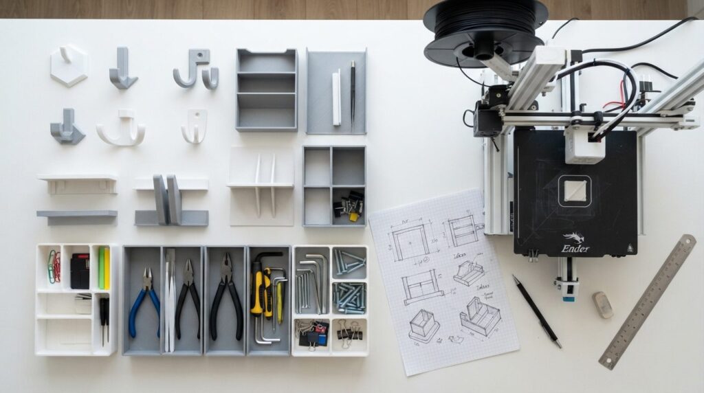 Flat lay overhead view of various 3D-printed storage solutio